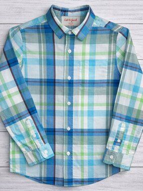 Cat & Jack Boys Plaid Button Down Shirt Size M 8/10 Blue Green